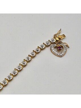 Vtg Gold-Plated 925 Sterling Silver Tennis Bracelet Diamond Accent Heart Charm R
